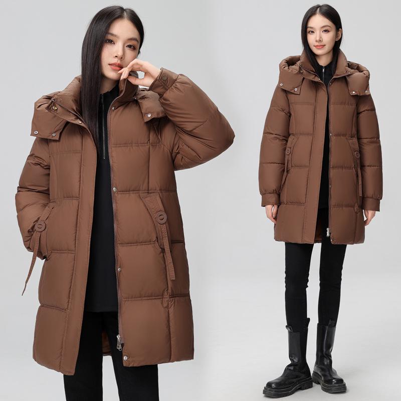 2024 Women's Winter Mid-Length Korean-Style Down Jacket with Detachable Hood