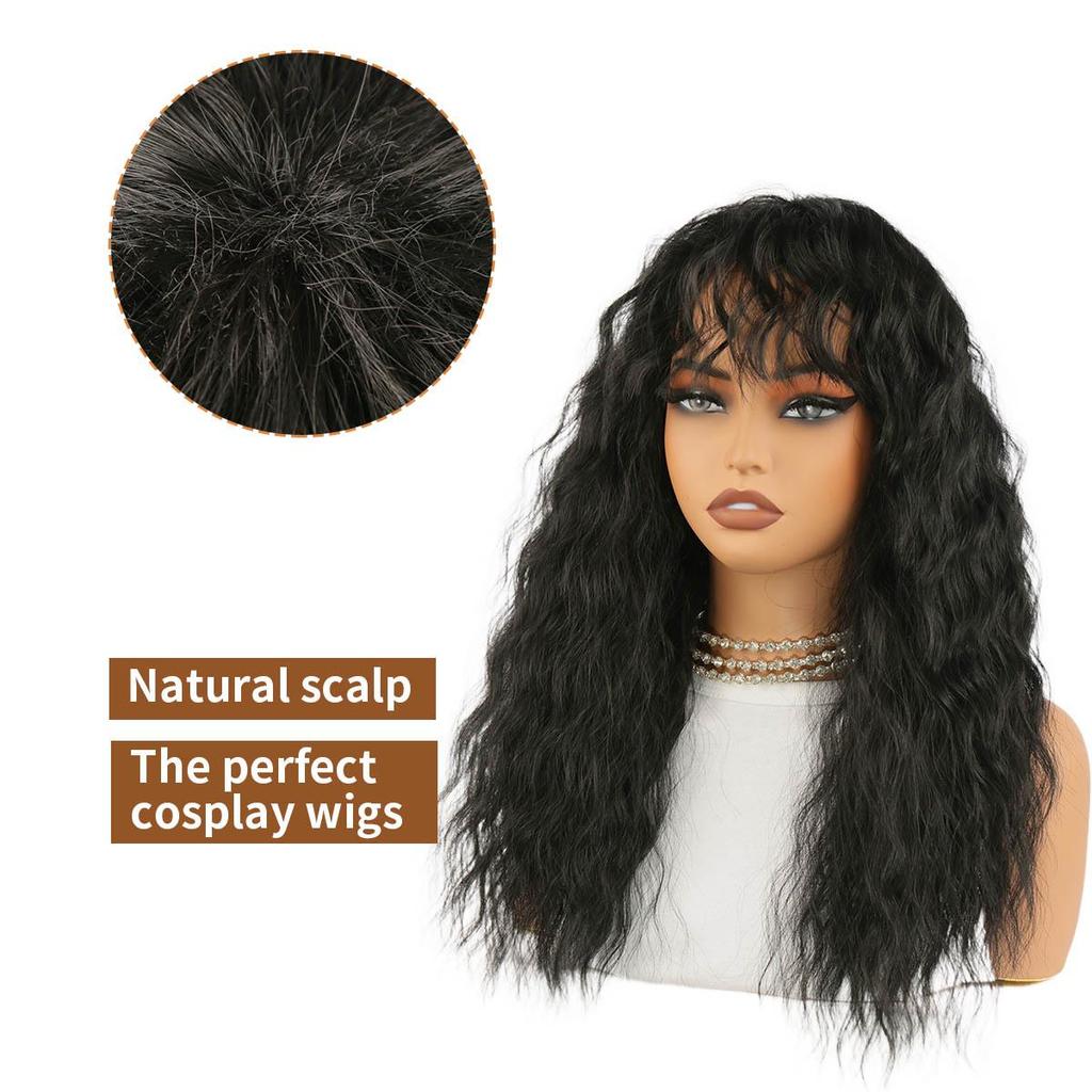 Cross-Border Curly Wave Wig for Women - Black Small Curls Synthetic Fiber Headpiece