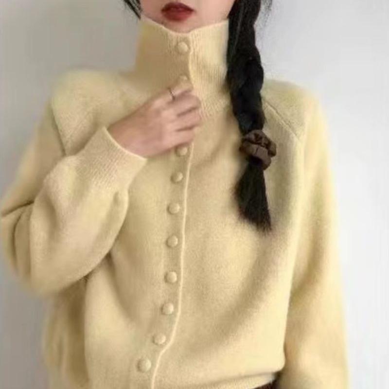 2026 New Soft High Neck Button Down Womens Cardigan Sweater Korean Style Ins Fashion Winter Fall Cozy Knit