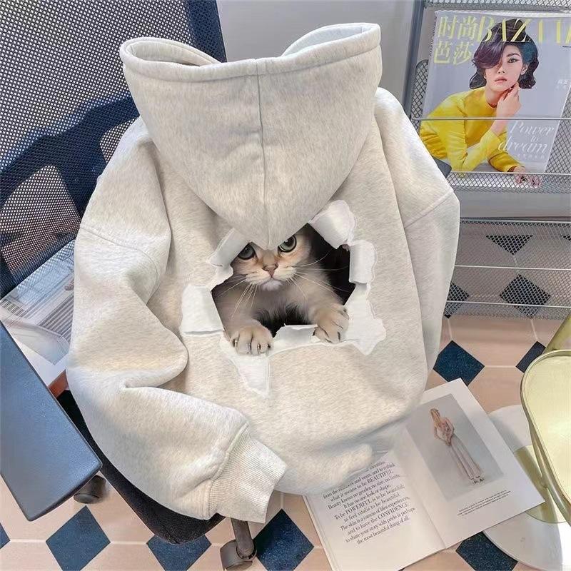 American trendy brand fun cat hooded sweater male and female loose student cute velvet jacket