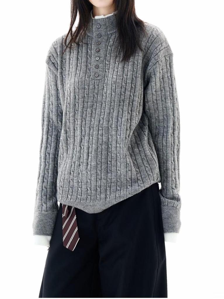 Unisex Loose-Fit Faux Two-Piece V-Neck Cable Knit Sweater - Men's Casual Long Sleeve Pullover