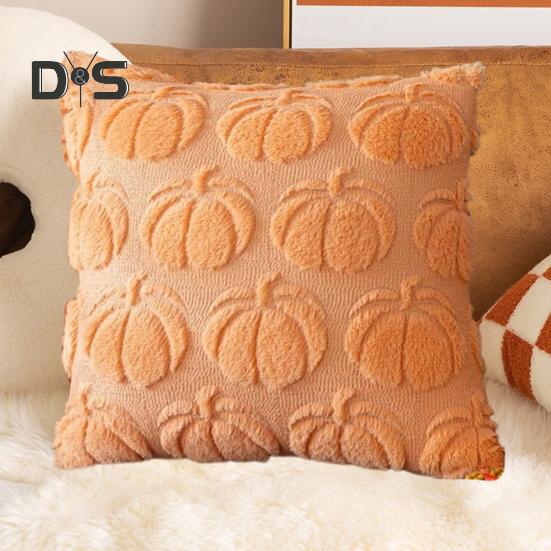 Halloween Pillowcase 3D Pumpkin Pattern Solid Color Hidden Zipper Square Shape Long PV Velvet Bedroom Living Room Sofa Decoration Pillowcase Pillow