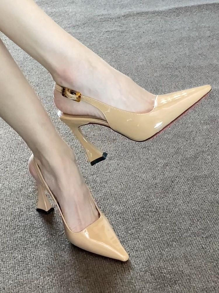 

Royal sister wind nude beautiful patent leather horseshoe high heels women s thick heel pointed red sole sandals 34
