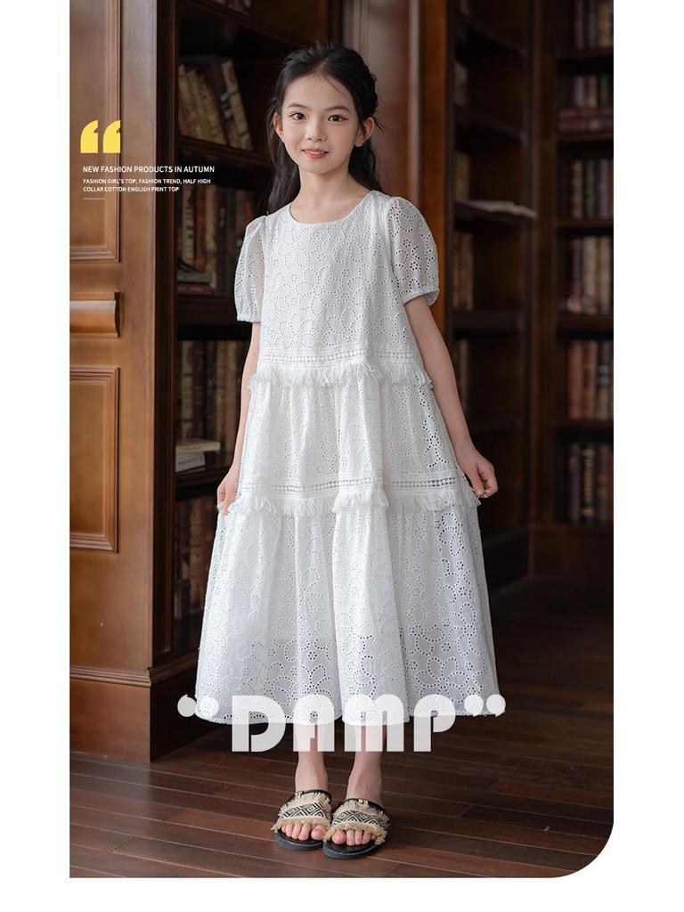 Girls' Embroidered White Cotton Dress – Sweet Bubble Sleeve Cake Design for Summer