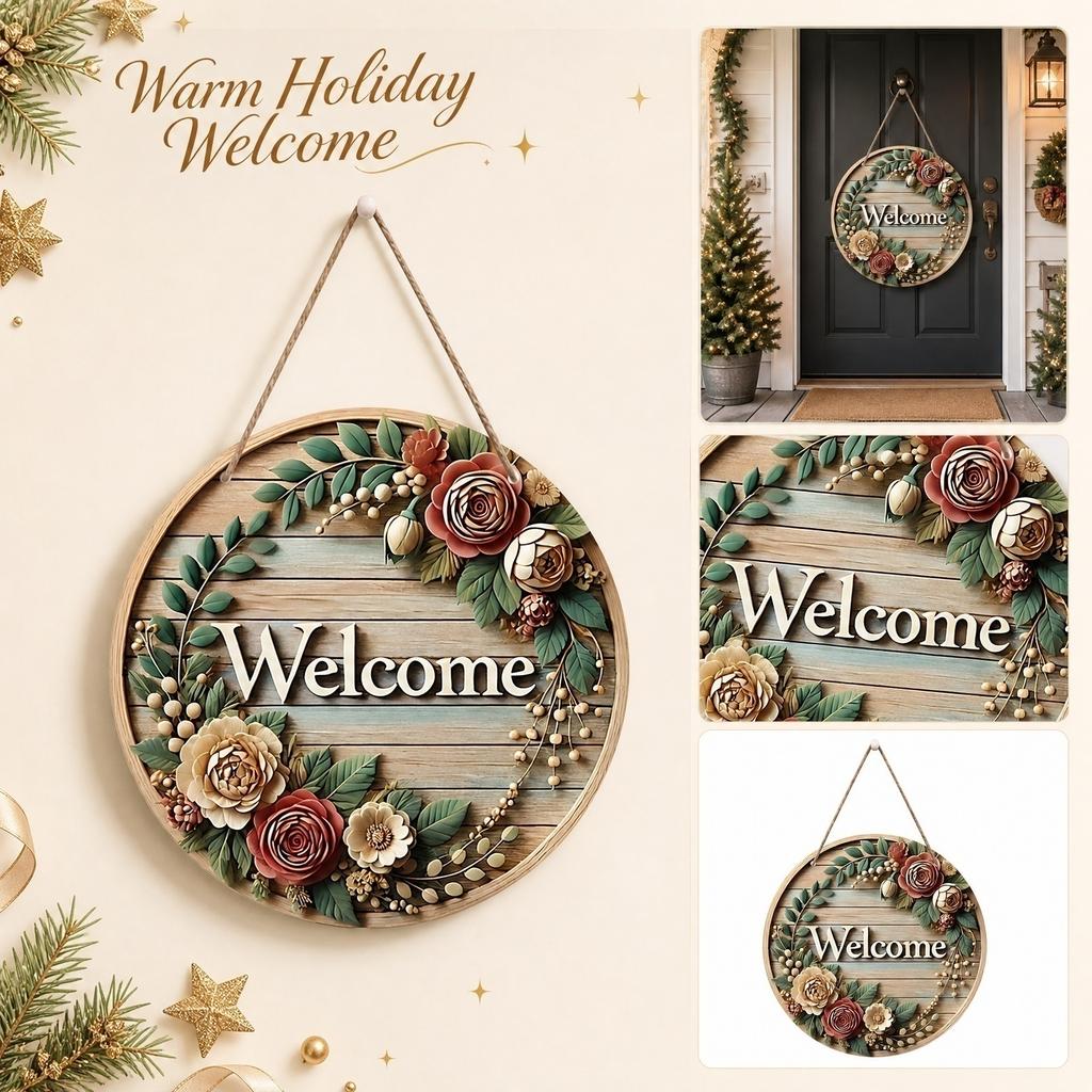 Christmas Wreath Welcome Door Sign Round Plaque Holiday Party Decoration for Indoor Outdoor