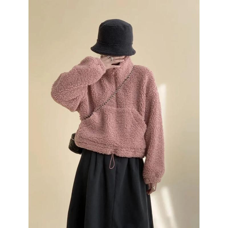 Fashionable Half-zip Stand Collar Sweatshirt for Women Autumn and Winter Loose Warm Lamb Wool Top