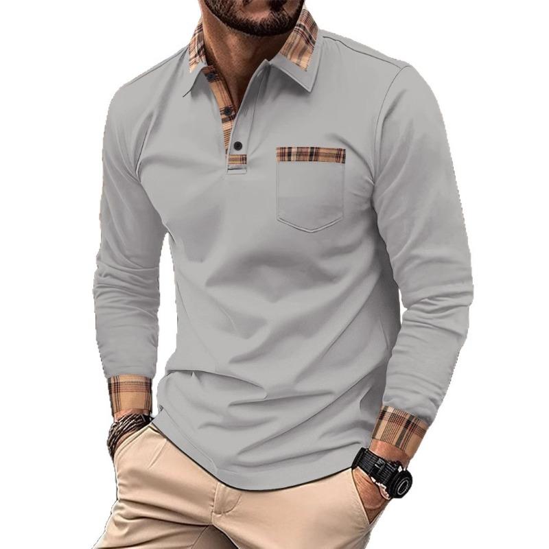 

Men s Casual Turn Down Collar Plaid Patch Pocket Polo XXXL сірий