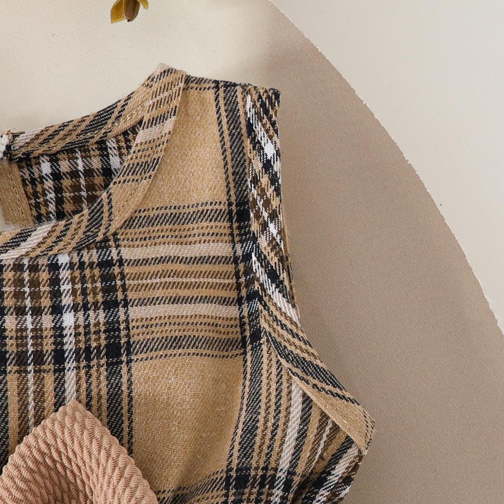 Girls' Sleeveless Plaid Ruffle Dress with Bow