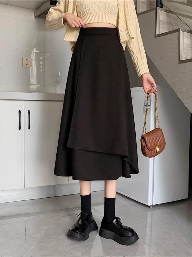 Women's Black A-Line Spring Skirt: High-Waist, Irregular Hem, Large Size with Hip-Covering Umbrella Design
