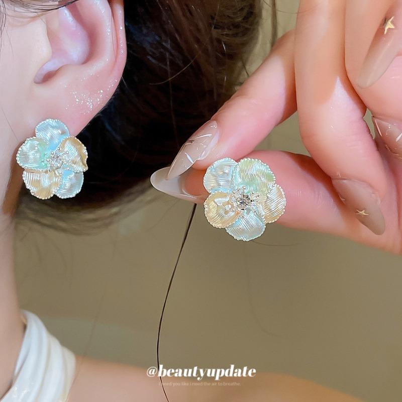 Flower Fairy~ Flower Zircon Oil Drop Pearl Stud Earrings Cute Sweet Versatile Earrings New Earrings Girl