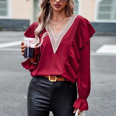 Vintage Ruffles Plise Kadın Bluz V Yaka Zarif 2023 Rahat Gevşek Dantel Gömlek Flare Uzun Kollu Üstleri Kadın Blusas Mujer 27988