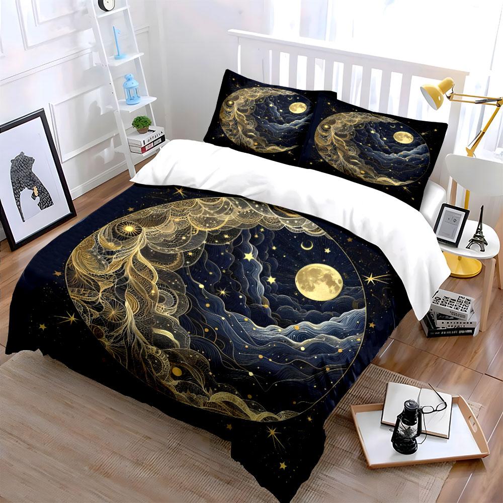 Mystical Moon Starry Night Decor Multiple Sizes Kid's and Adults' Bedroom Exquisite 3PC Bedding Set Gift