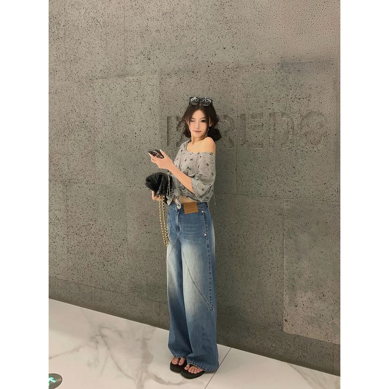 

Район Оуян Вышитый Деним Женский Летний Новинка Свободные Прямые Свободные Брюки Ретро Брюки Брюки-швабры Blue L