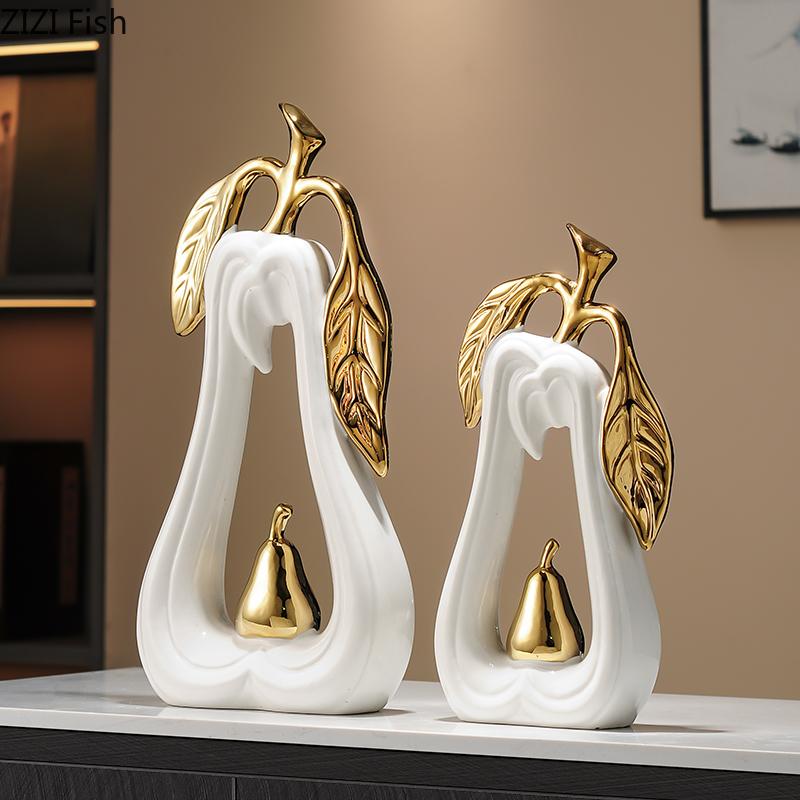 Gold-plated Hollowed Out Pear Statue Desk Decoration Ornaments Minimalism Fruits Pear Ceramic Sculpture Room Aesthetics Decor