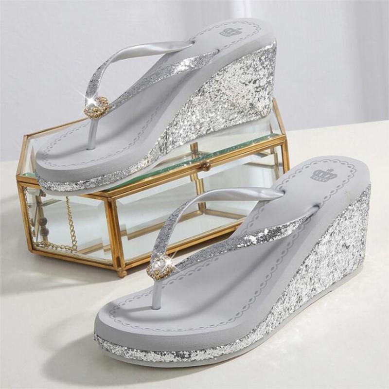 New summer Sequins Thick Bottom Slippers Sandals Summer Women Beach Wedges Shoes Sexy High Heel Rhinestone Flip Fops women