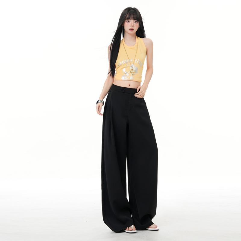Minghai Spring Black High-Waist Wide-Leg Casual Women's Pants