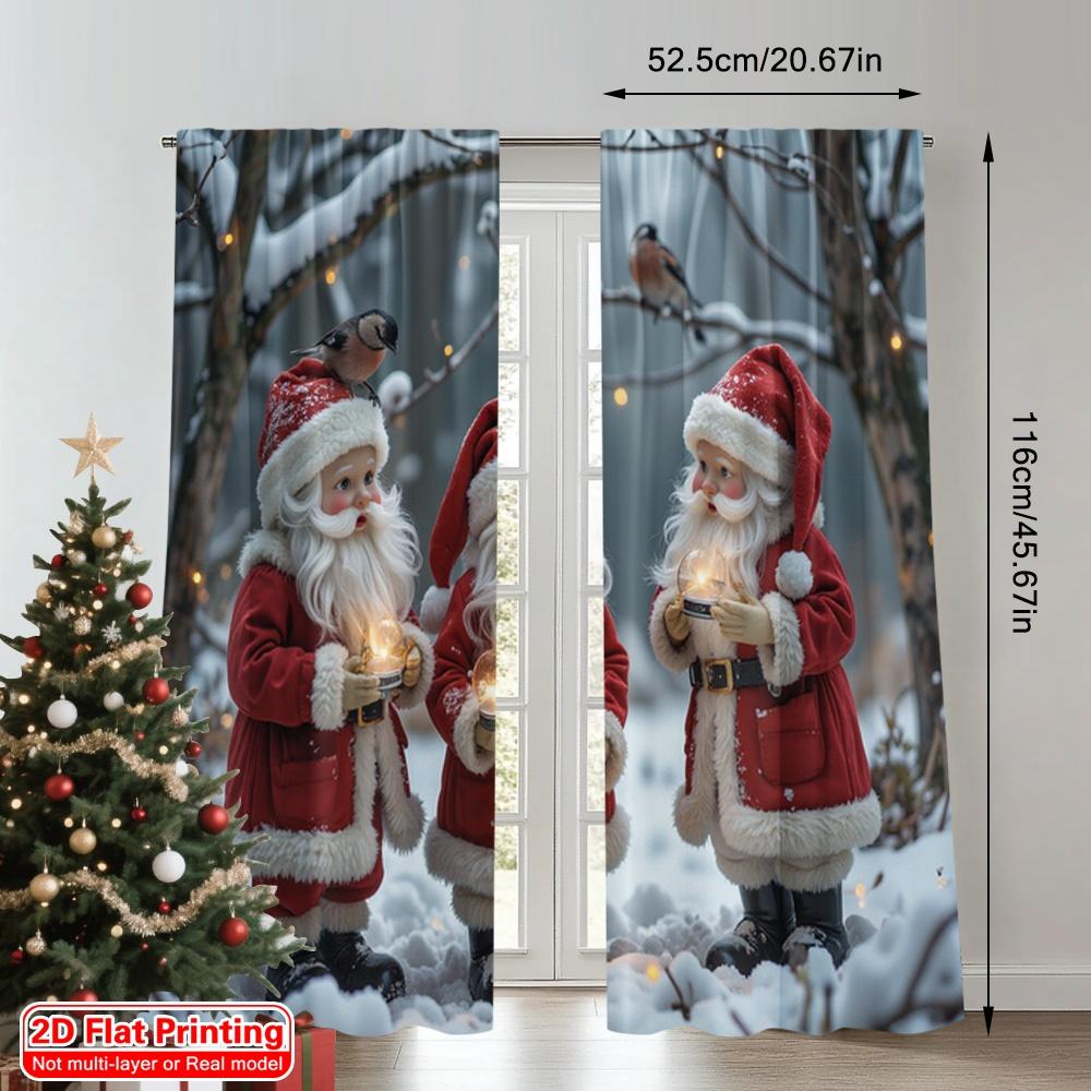 2pcs 2D Flat Printing Merry Christmas Party Curtains Winter Gnomes Forest Friends Lanterns Polyester Fabric Without Electricity
