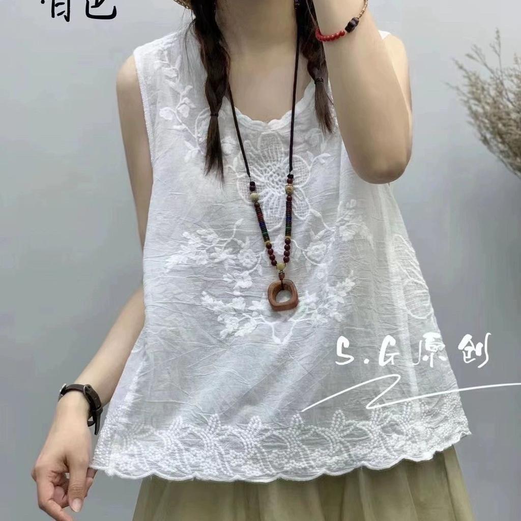 Summer new product literary embroidery cotton vest T-shirt sleeveless bottoming top women's thin outer wear thin suspenders