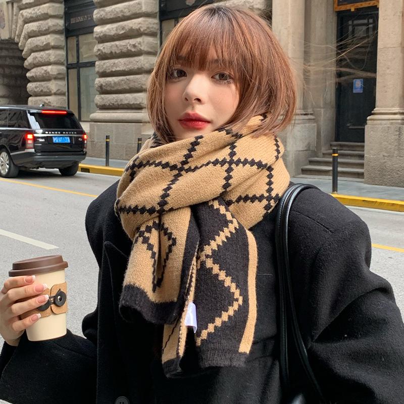 Scarf for Girls New Winter Double Sided Versatile High-end Warm and Thickened Wool Knitted Plaid Scarf Trendy