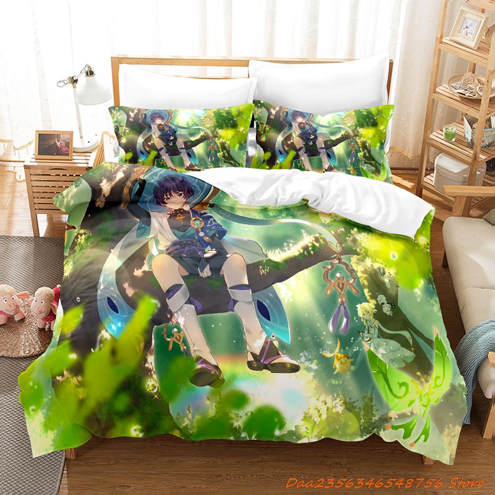 Comforter Game Genshin Impact Scaramouche Bedding Set Cartoon Anime Three-Piece Set Adult Kid Bedroom s 3D Kawaii