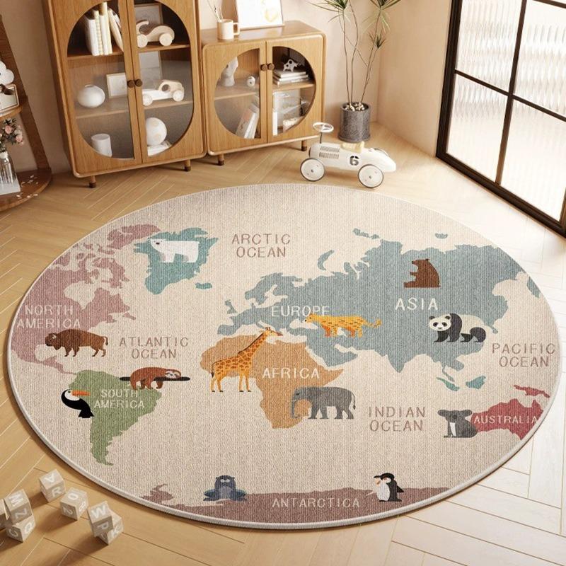 Map Animal Printing Large Area Round Rug Non-Slip Wear-resistant Circle Carpet for Living Room Bedroom Soft Floor Mat Home Decor