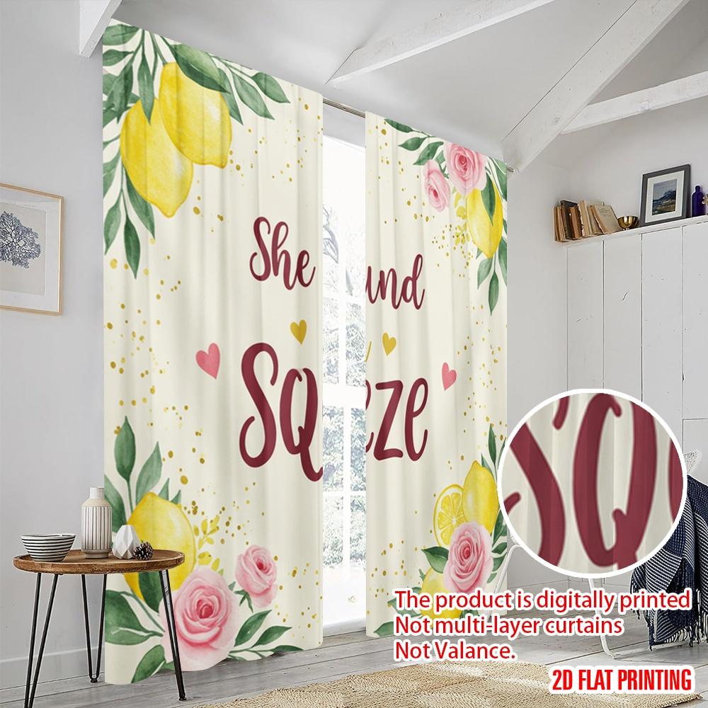 2pcs 2D flat printing Window Curtains Lemon squeeze rose floral Fabric Without Electricity Festive Curtains Perfect for Festive
