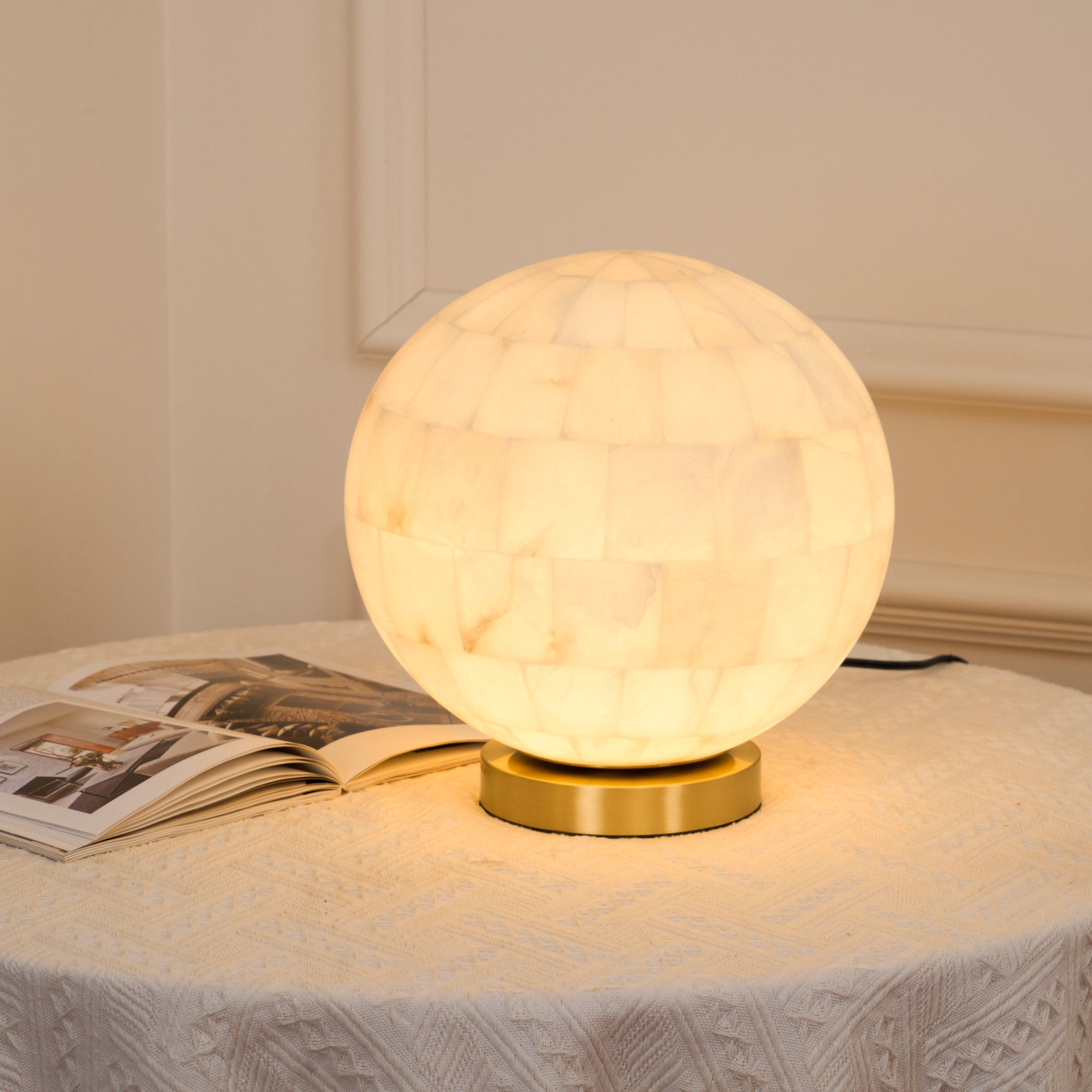 LED Table Lamp Brass Alabaster Luxury Italian Minimalist Bedside Living Room Desk Hotel Project Spherical Globe Mosaic Stone D 28cm&EU