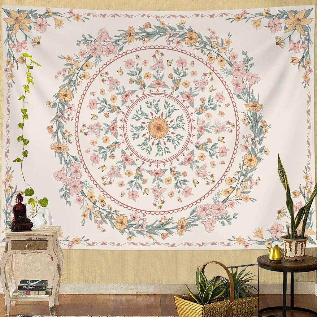 Bohemian Tapestry Wall Hanging, Beige Pink Floral Tapestry With Wild Flower Medallion Print Bedroom Boho Home Decor,White Wreath