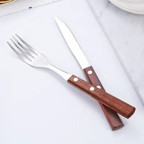 KXLCGYK Steak Knife and Fork Set, Wooden Handle, 18-8 Stainless Steel, 4-Piece Set, Stylish Cutlery