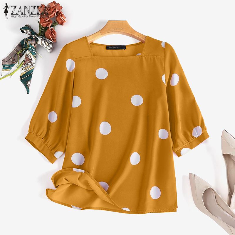 

ZANZEA Летняя блузка в горошек для женщин с квадратным воротником с половиной рукава повседневная