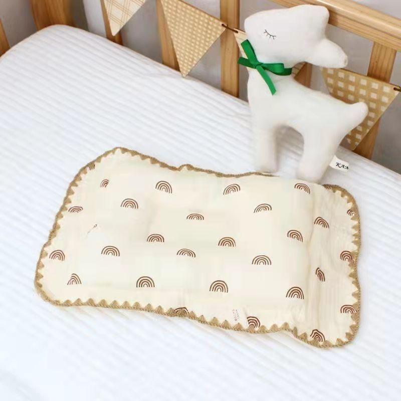 Baby Pillow Pure Cotton Gauze Baby Styling Pillow Lace Cotton Newborn Head Anti-Bias Head Correction Low Pillow 0-6