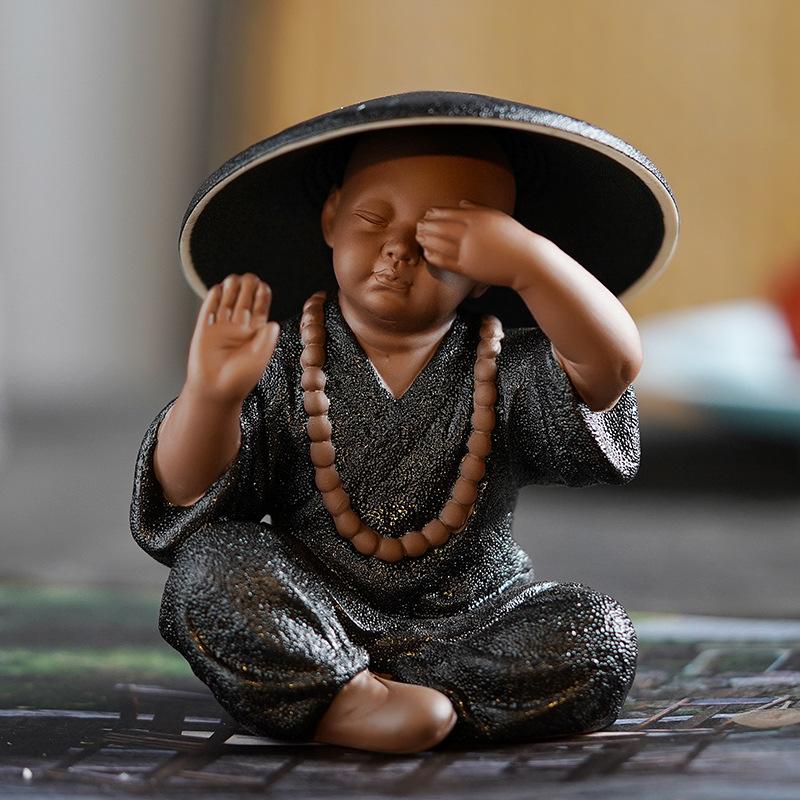 Black Pottery Buddhist Monks Miniature Figurines Buddha Statue Sculpture Tea Filter Funel Set Ornaments Home Docor Decoration