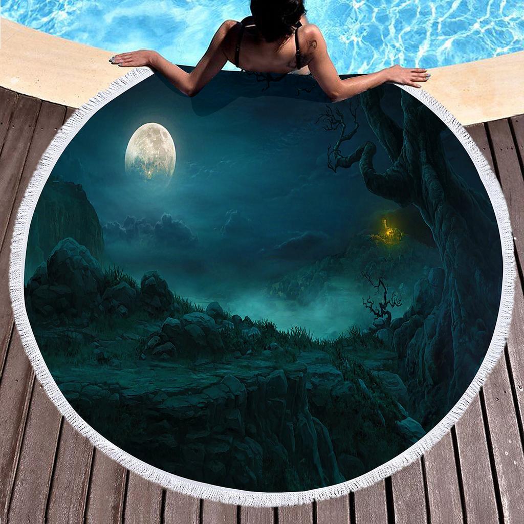 Celestial Bodies Moon Blue Night Sky Round Beach Blanket Super Soft Polyester Absorbent and Sandproof Beach Towel Picnic Blanket