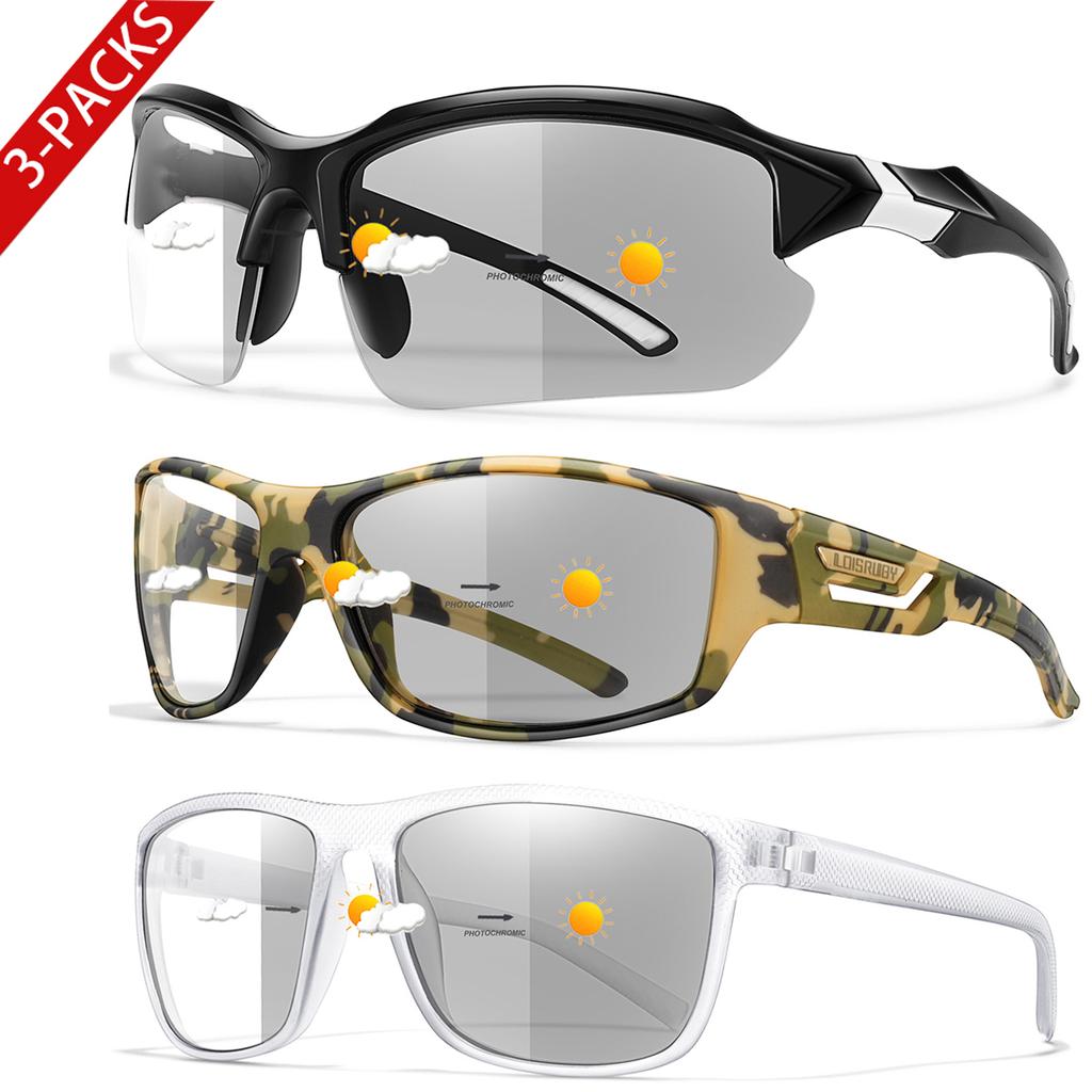 3 Pairs Photochromic Cycling Sunglasses for Men and Women Outdoor Sports Goggles Windproof Driving Camping Mtb Bicycle Eyewear