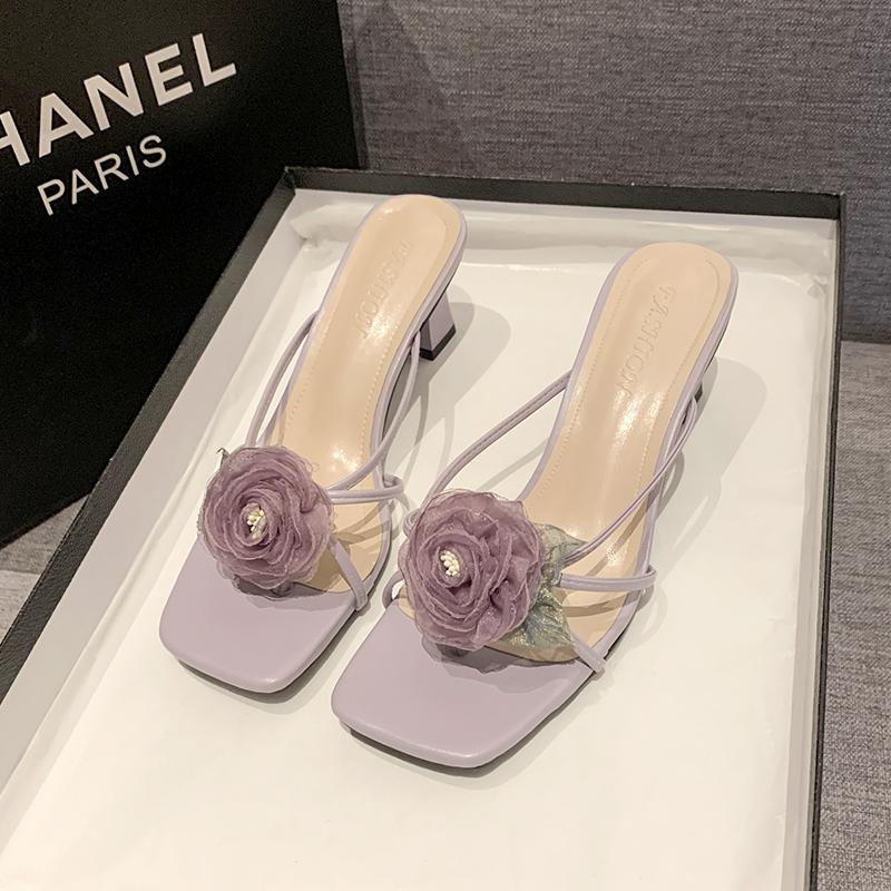 Aphixta 6cm High Heels Slides Elegant Summer Woman Shoes Big Flower Outside Slides Purple Sandals Sexy Dress Shoes Big Size 43