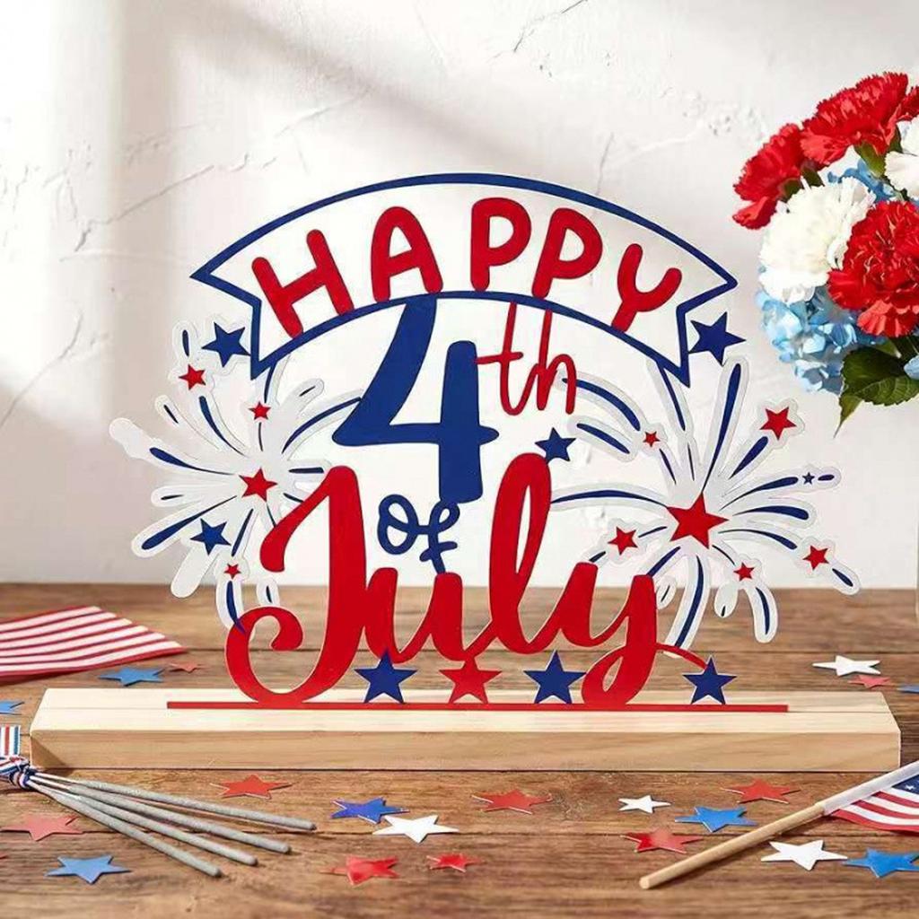 Wooden Independence Day Decoration 4th of July Tabletop Sign Fireworks Design Patriotic Holiday Display Stand