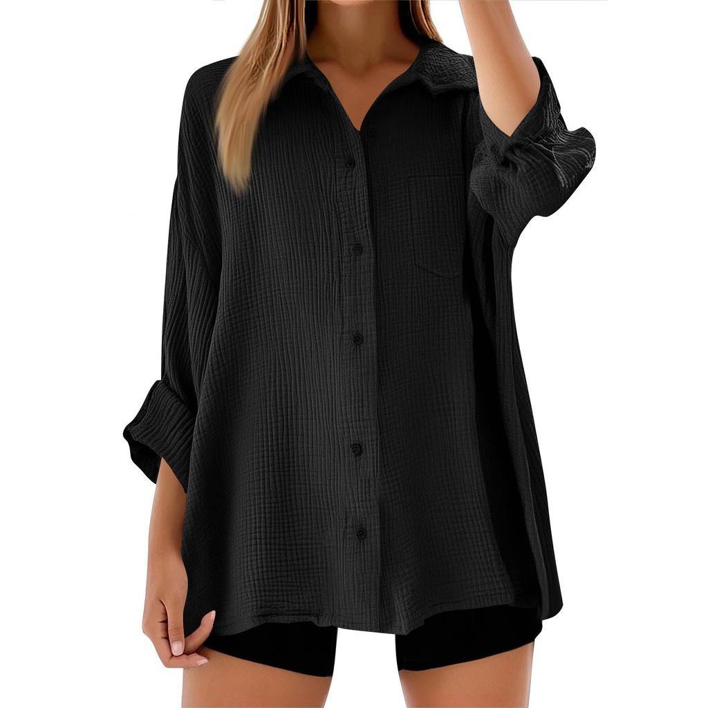 Damenmode Lässig Farbe Knopfleiste Langarm Hemd Top