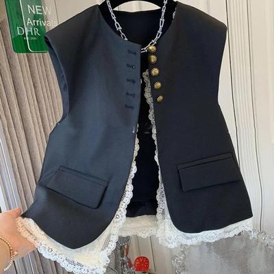 Women Lace Patchwork Vest Korean O Neck Casual Sleeveless Jackets 2025 Female Loose Waistcoat Vintage Chic Tops Women Clothing