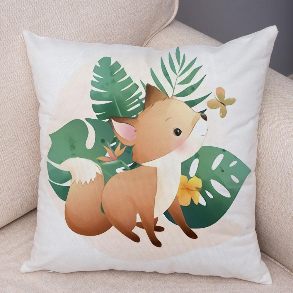 Cartoon Bird and Leaves Pillow Case Decor Cute Animal Lion Cushion Cover for Children Room Sofa Home Plush Pillowcase 45x45cm