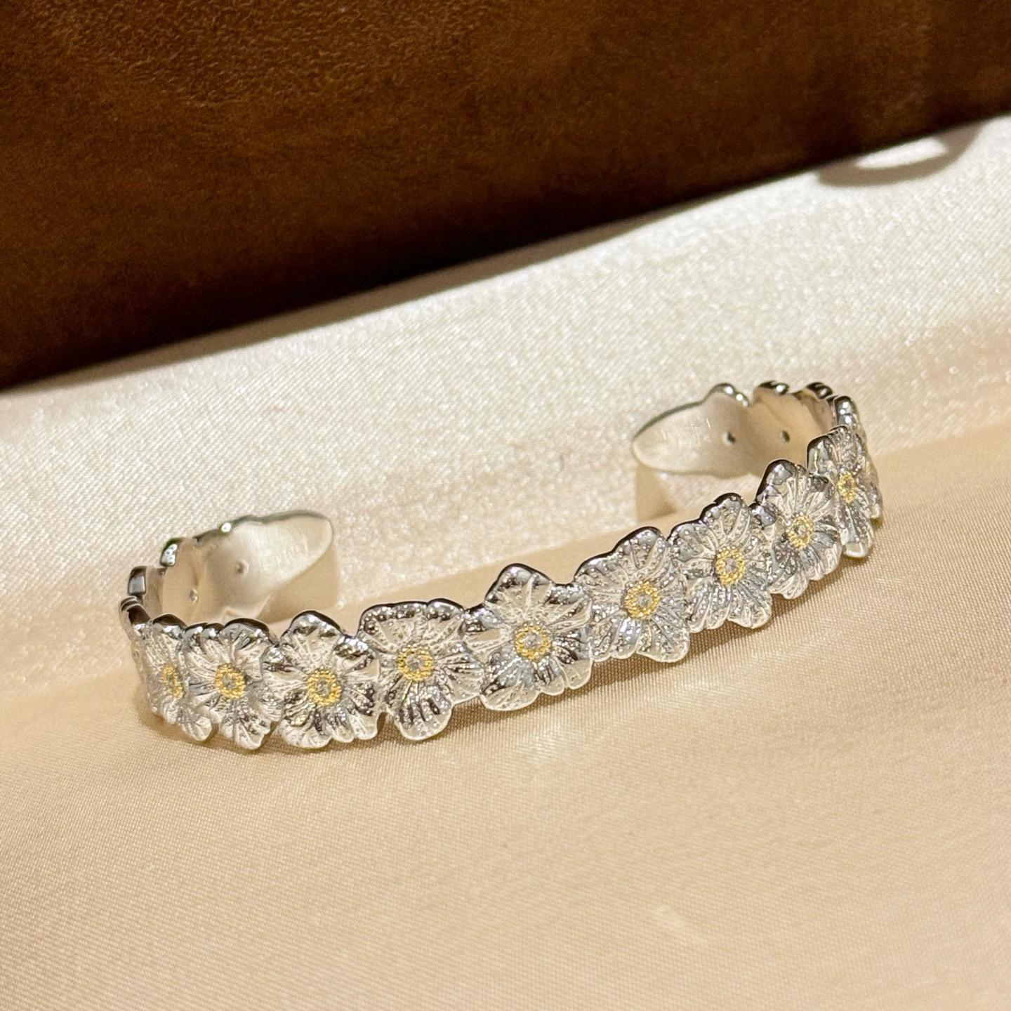 

New Vintage 100% Pure 925 Sterling Silver Bangles Frosted Gloss Smooth Surface Little Daisy Bracelet For Women Luxury Jewelry