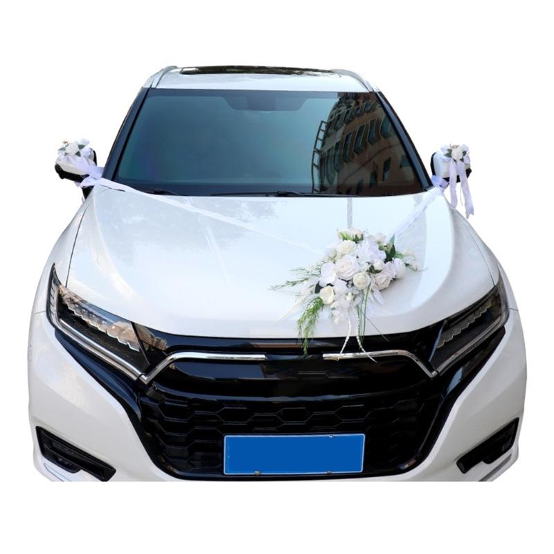 Wedding Car Decoration 7Pieces Set with Realistic Artificial Flower for Car Decors included Rearview Mirror and Doorknob