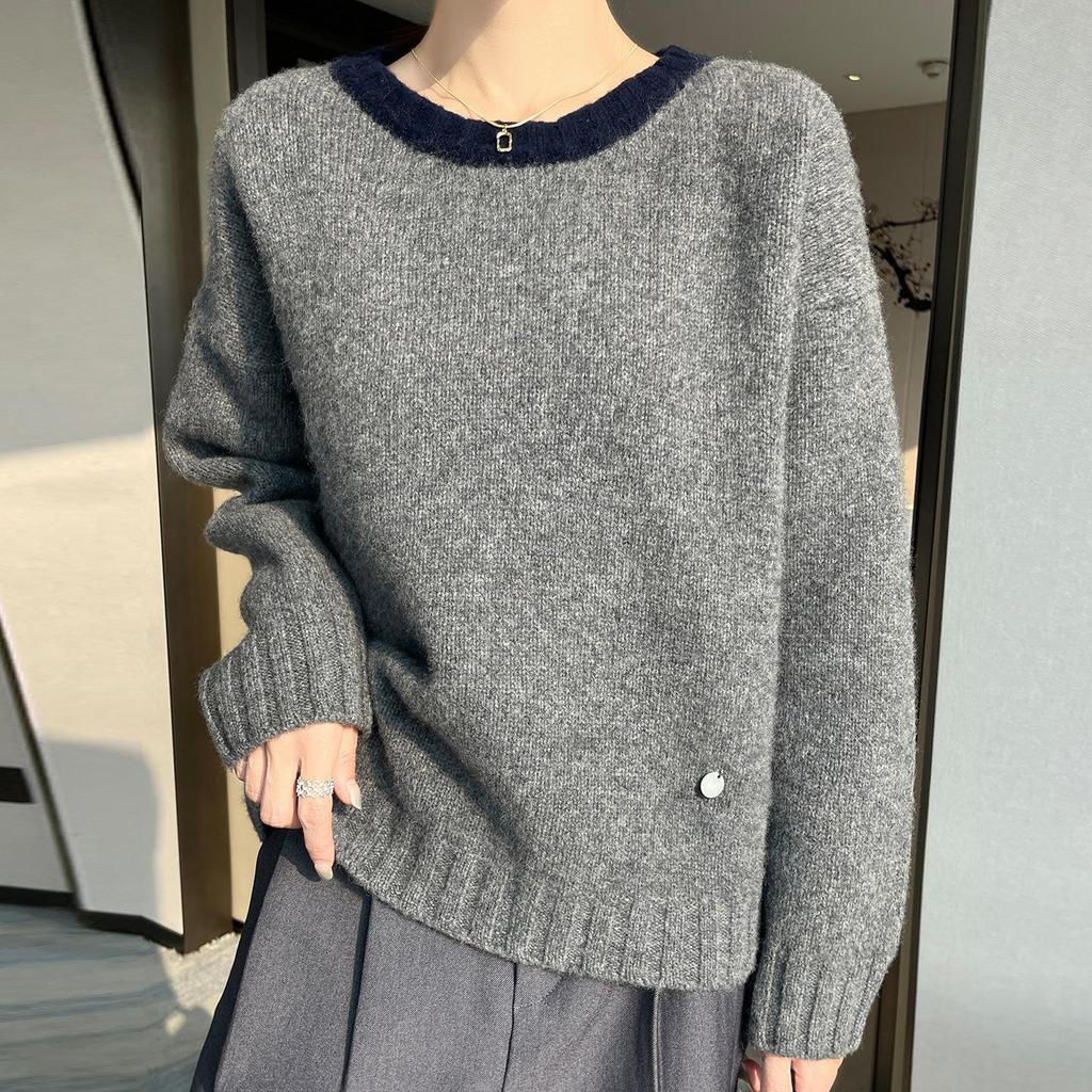 Women's 100% Pure Wool Color Block Sweater - Autumn/Winter Round Neck Knit Top