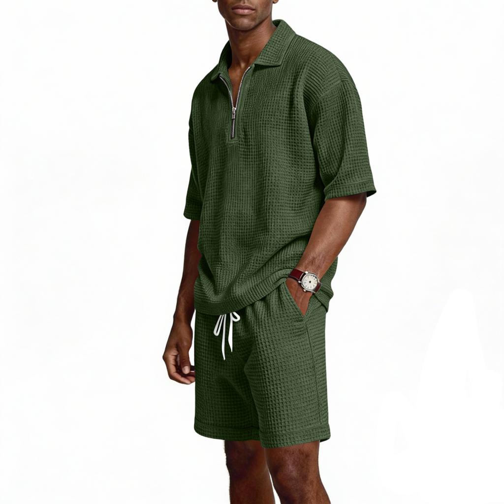 Men's Summer -color Quarter-zip Casual Loose Short-sleeved Short Pants Set