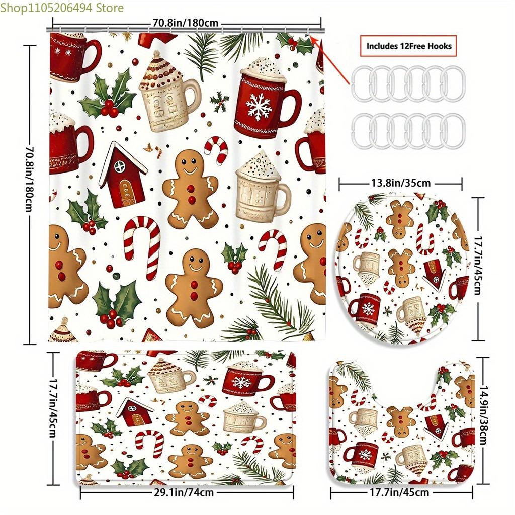 1pc/4pcs Christmas Gingerbread Man Christmas Cup Pattern Multi-Color Background Shower Curtain, Modern Home Bathroom Art Decor