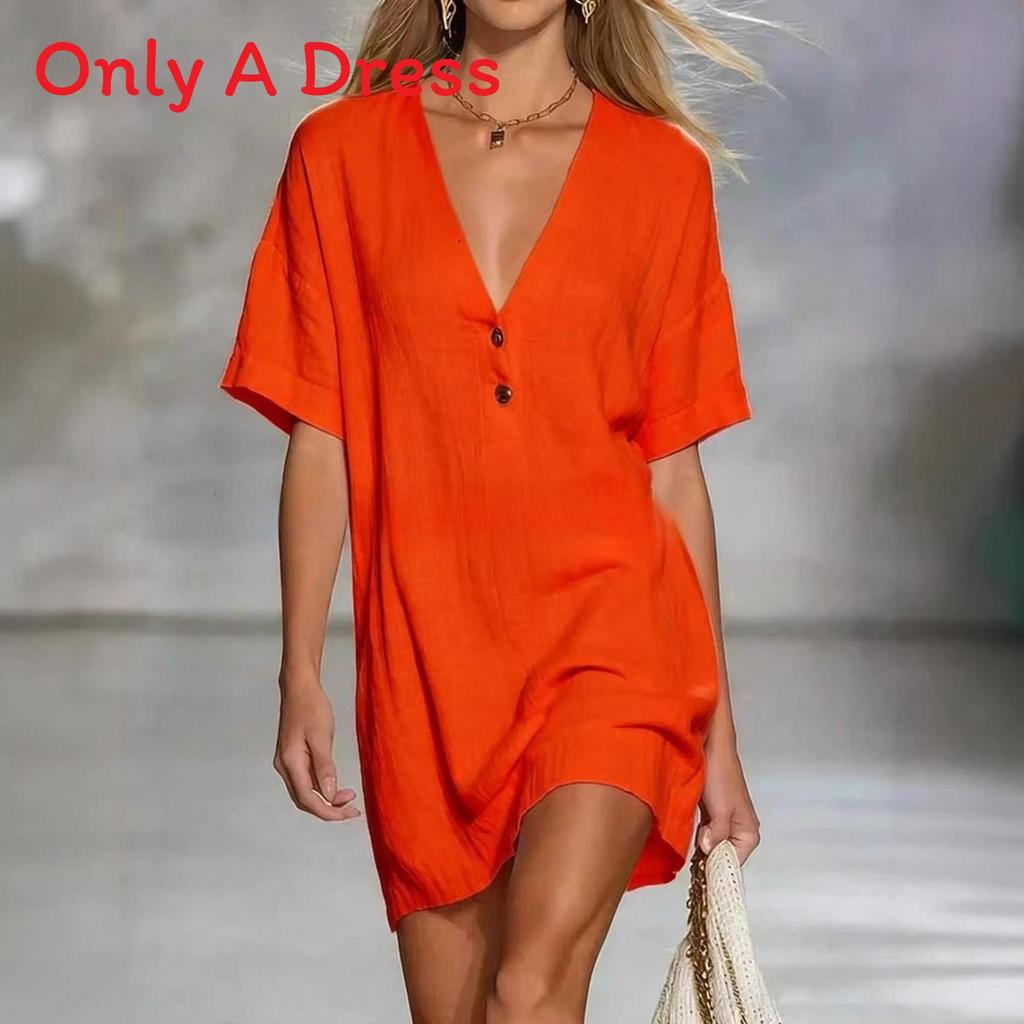 Cotton Linen Summer Dress For Women With Vneck Halfopen Collar Casual Aline Style