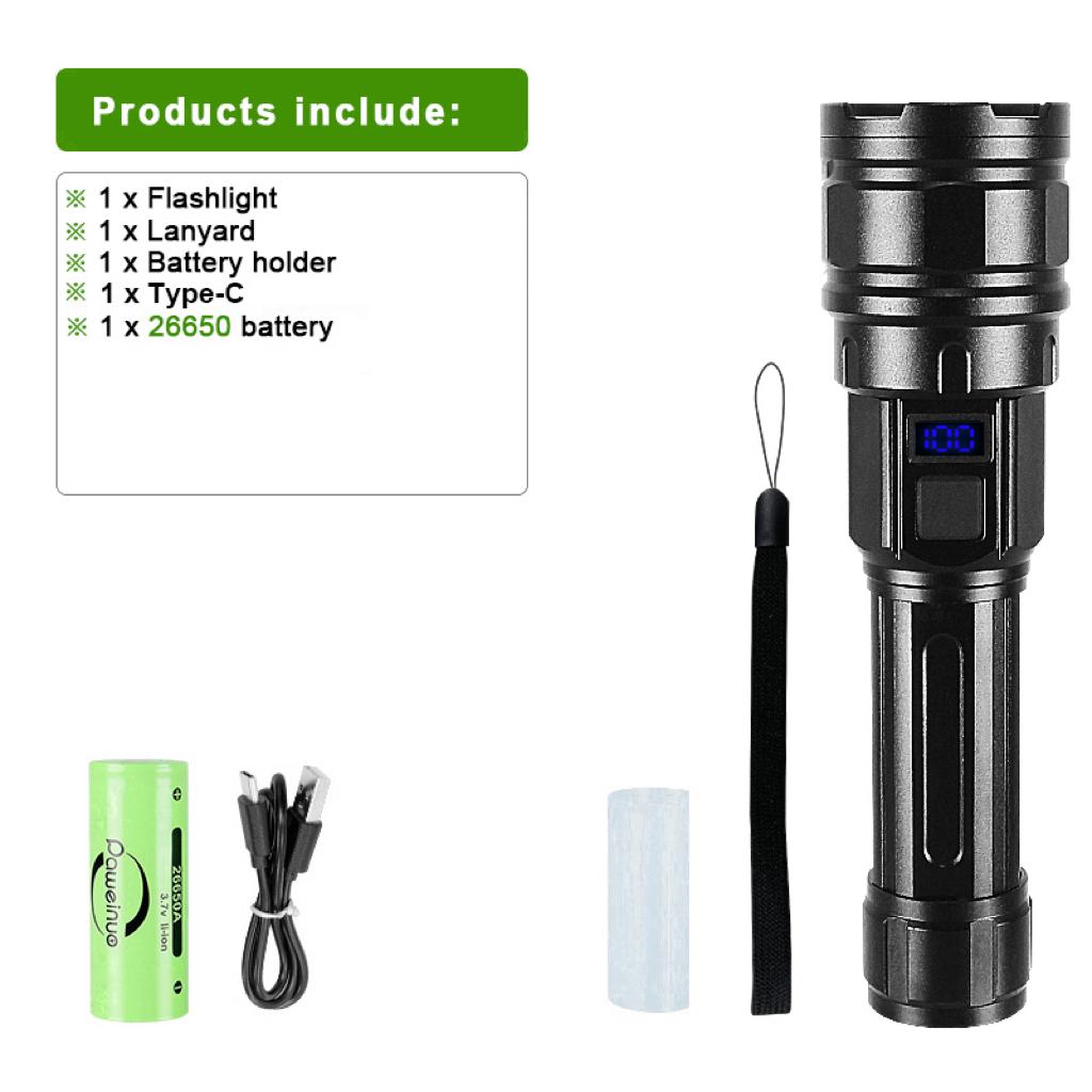 Super Bright Flashlight Powerful Rechargeable Torch High Power LED Flashlight Digital Display Torch Light Long Range Outdoor Hand Lamp