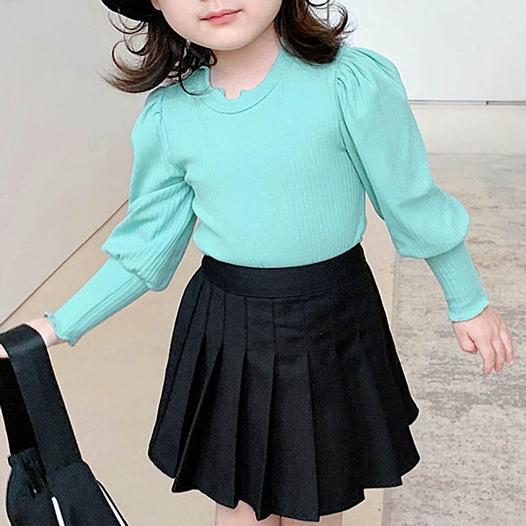Candy Color Fashion Baby Girls Rib Long Puff Sleeve Irregular Lovely O Neck Spring Autumn Knitted Sweater