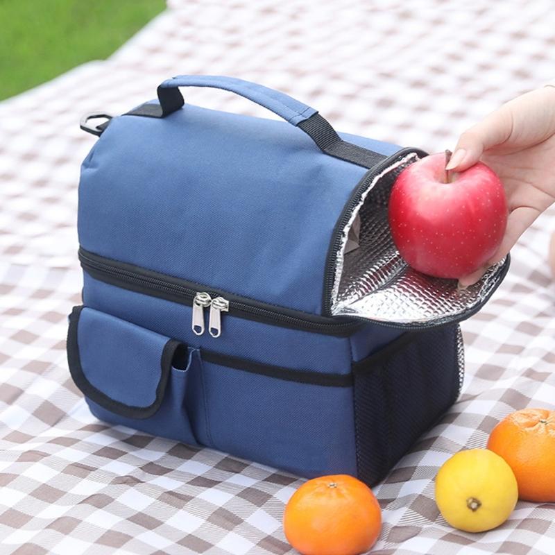 Thermal Lunch Bag with Double Compartments Insulated Cool Bag Waterproof Oxford Fabric for Office School Camping