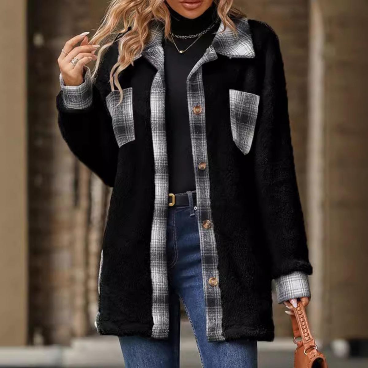 Autumn Winter New Mid-length Lapel Plaid Patchwork Fleece Coat For Women S