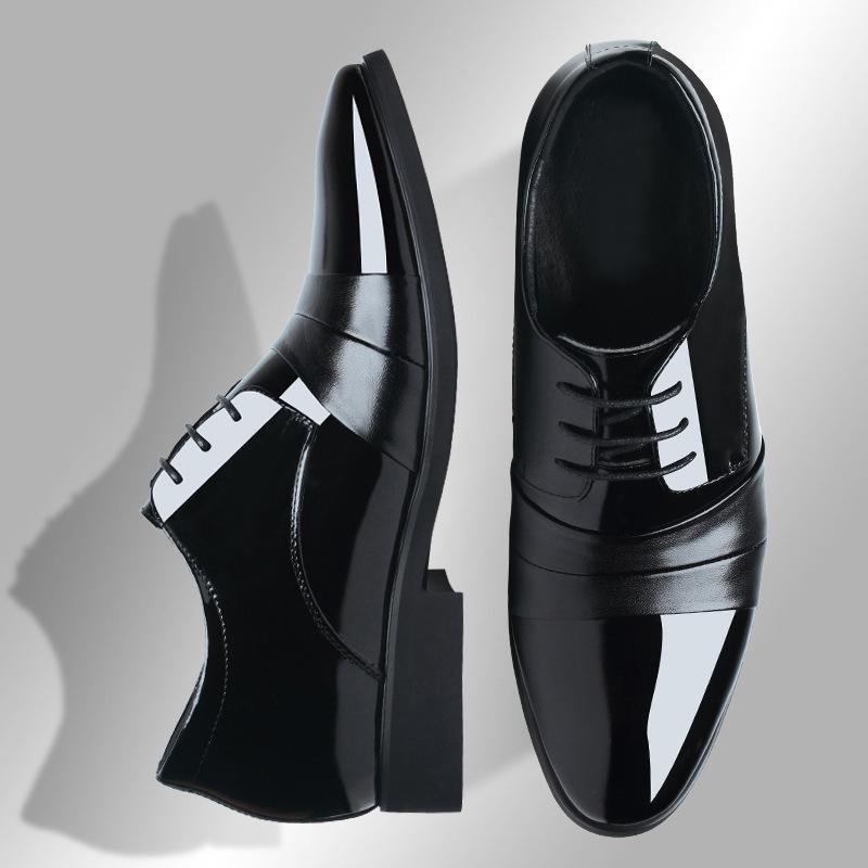 Business dress pointed men's leather shoes genuine leather British inner height-increasing paint bright leather Korean version trendy shoes casual men